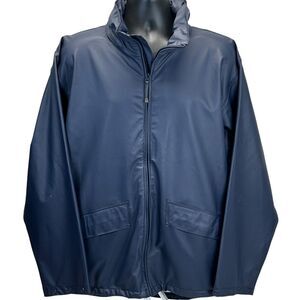 Helly Hansen Raincoat Jacket Blue Hidden Hood Pockets Backpacking Mens L Large